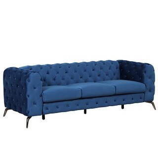 Blue Velvet Upholstered 3 Seater Sofa with Metal Legs, Button Tufted ...