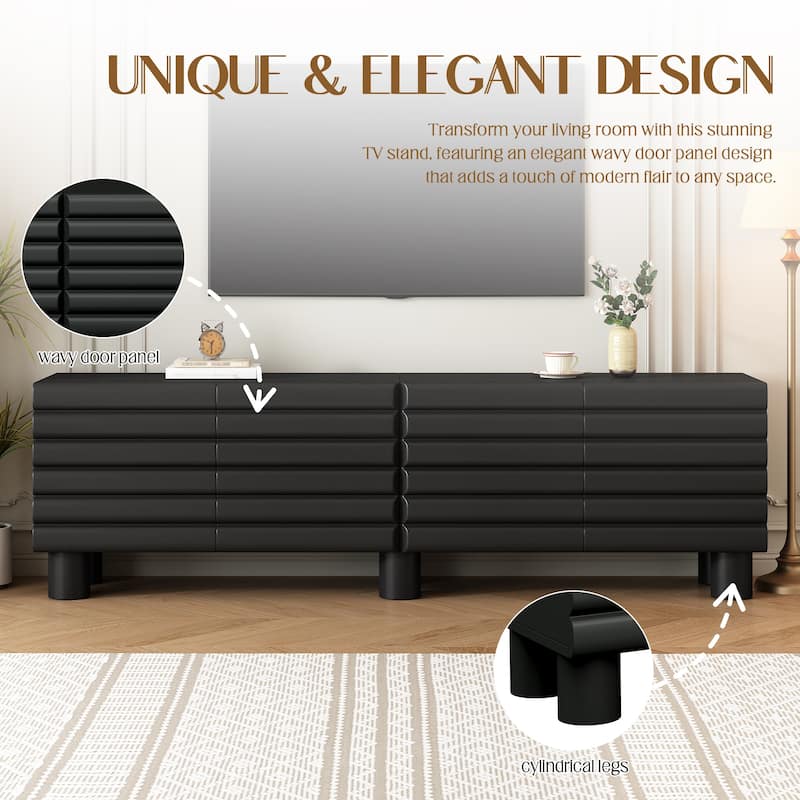 75 inch TV Stand Media Console with 4 Cabinets, Cream Wavy Door Cabinet with Cylindrical Legs & Cable Management