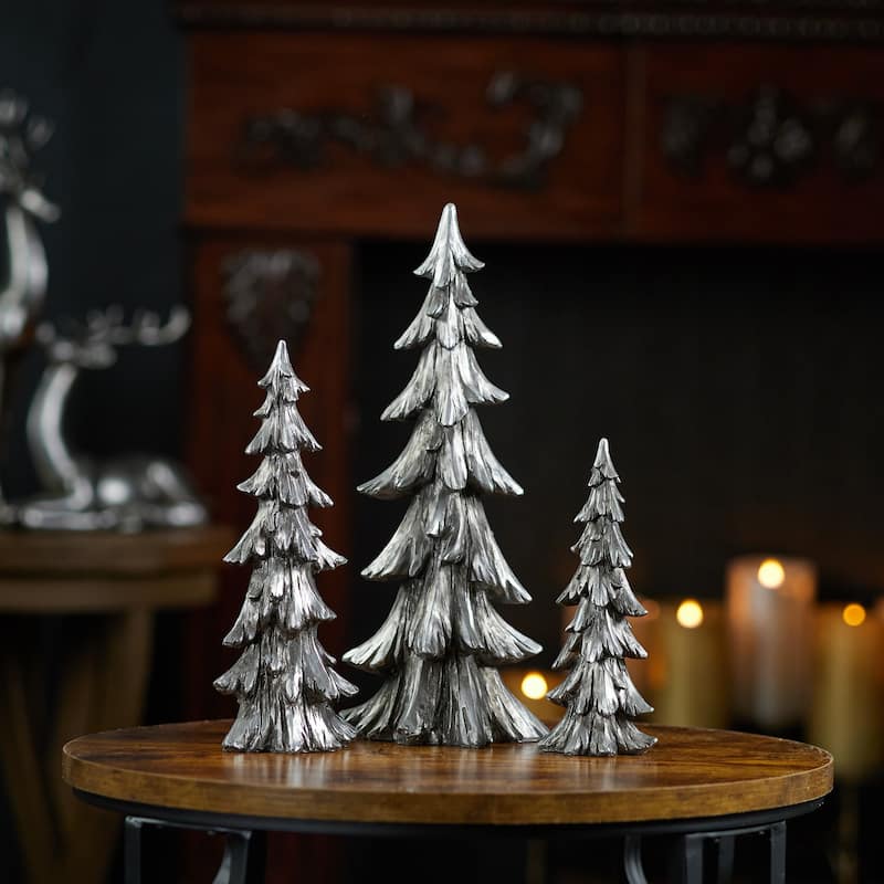 Set of 3 Resin Pine Trees Winter Metallic Holiday Decor - 3” x 2.25” x 7.5”