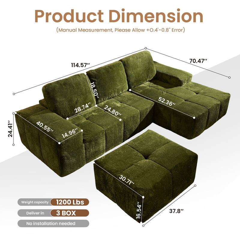 HOOOWOOO Modern Sparkly Velvet Fabric Chaise Sofa Couch with Ottoman