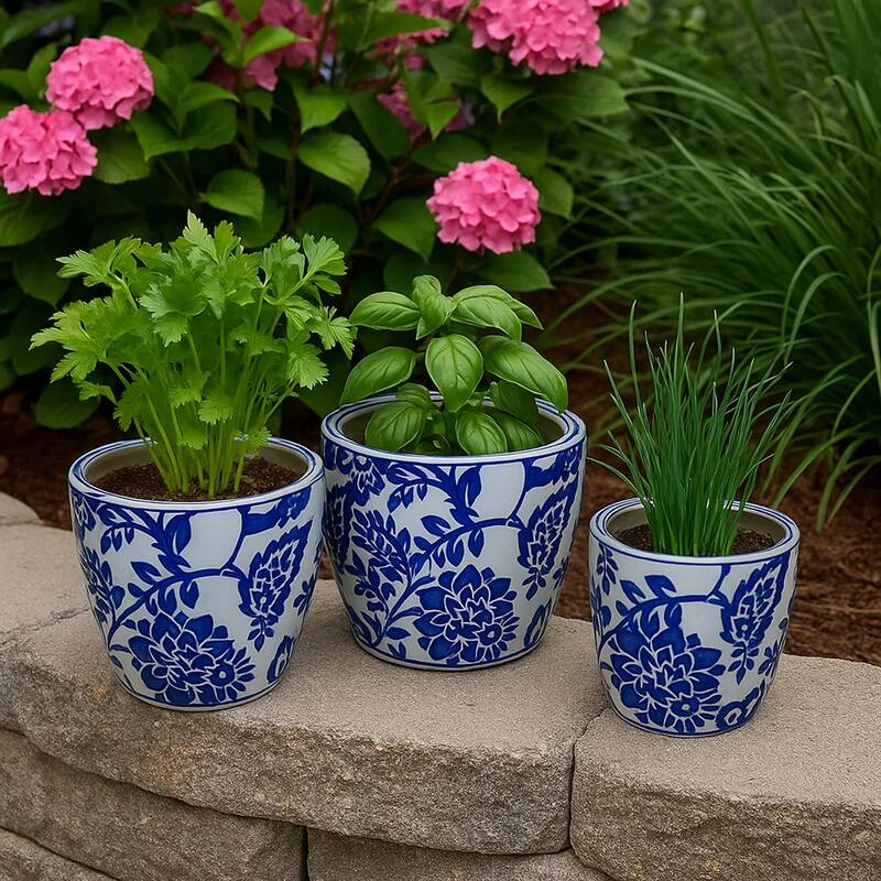 Garden Planter Set of 3, Ceramic Japanese White Blue Floral Pattern