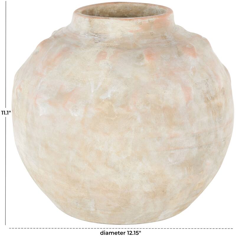 Beige Ceramic Antique Short Wide Decorative Vase with Shades of Pink