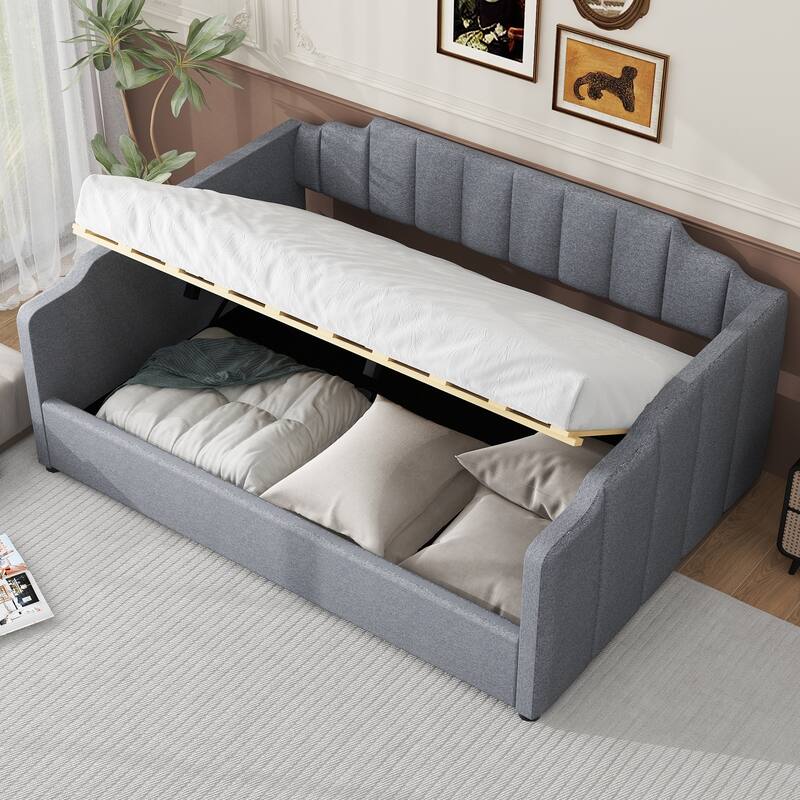 Upholstered Frame Daybed with Underneath Flip-up Storage and Irregular Guardrail, Full Size Sofa Bed for Bedroom Living Room - Gray - Full