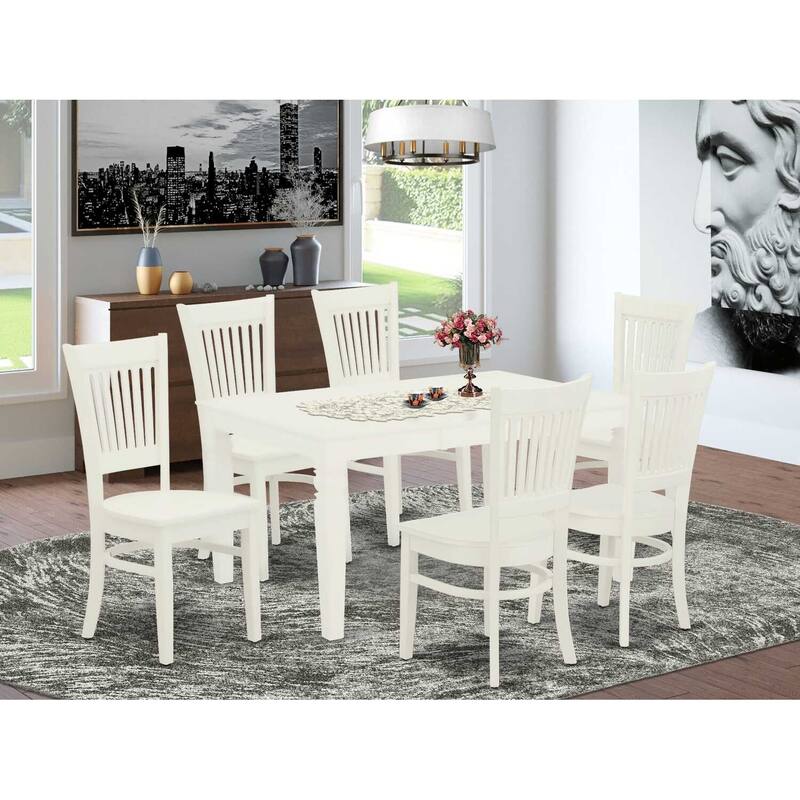 HomeStock 7-Pc Rectangle Linen White Finish Solid Wood Top Dining Table with 6-Chairs with Butterfly Leaf Slat Back