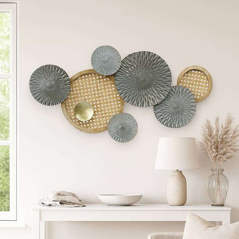 Gold Green Horizontal 3D Ring Metal Wall Art 35x19 Modern Decor