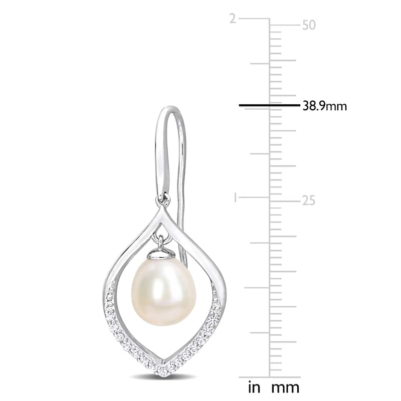 Miadora Cultured Freshwater Pearl 1/3ct TGW White Sapphire Hook Earrings Sterling Silver