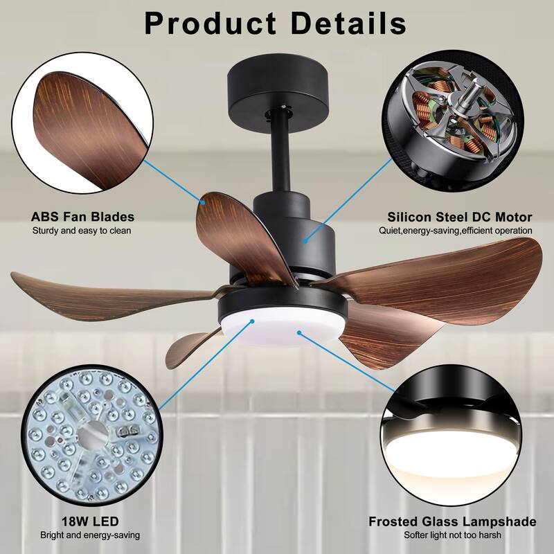 28 inch Ceiling Fan with Light Remote Small Flush Mount 5 Blades 6 Speed 3 Colors