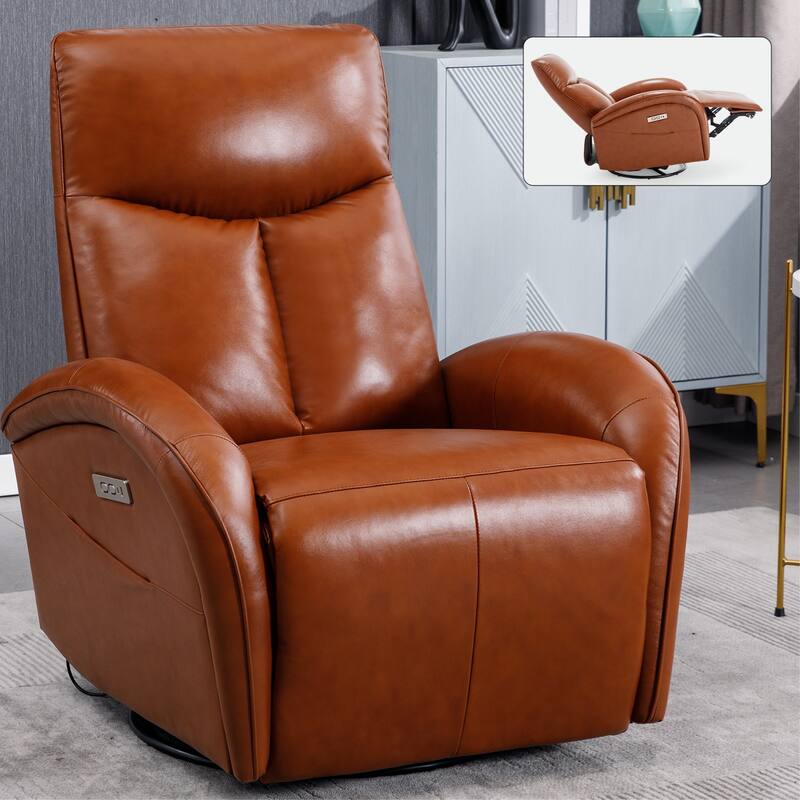 Modern Genuine Leather Swivel and Rocker Power Recliner Chair, 270° Swivel Recliner Chair with Lumbar Support, USB and Type-C - Brown