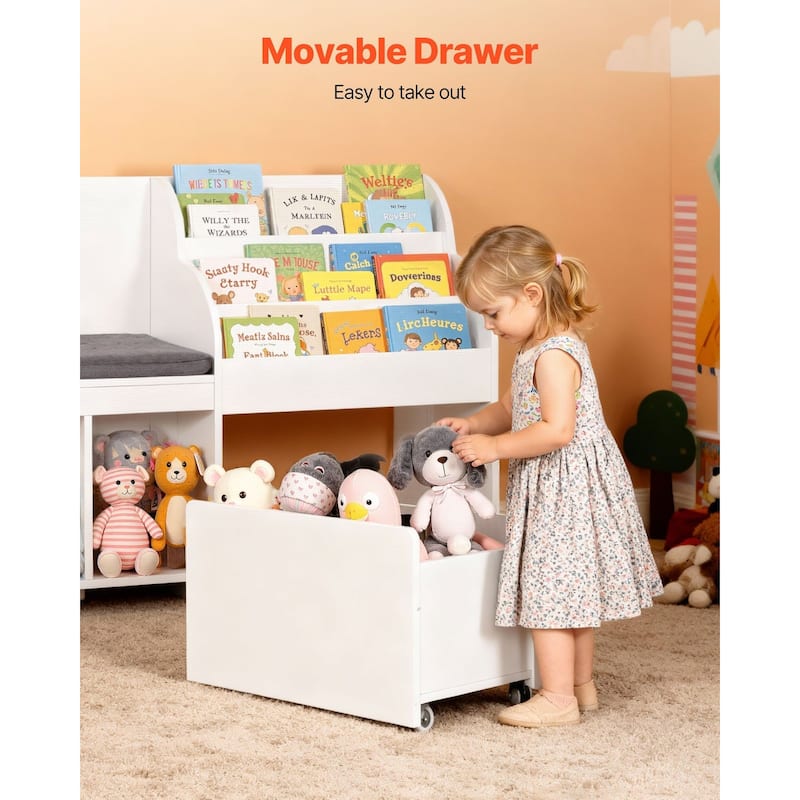 Kids Reading Nook, Wooden Storage Bench with Backrest, Kids Bookshelf & Toy Organizer, Large Toy Box Chest for Playroom