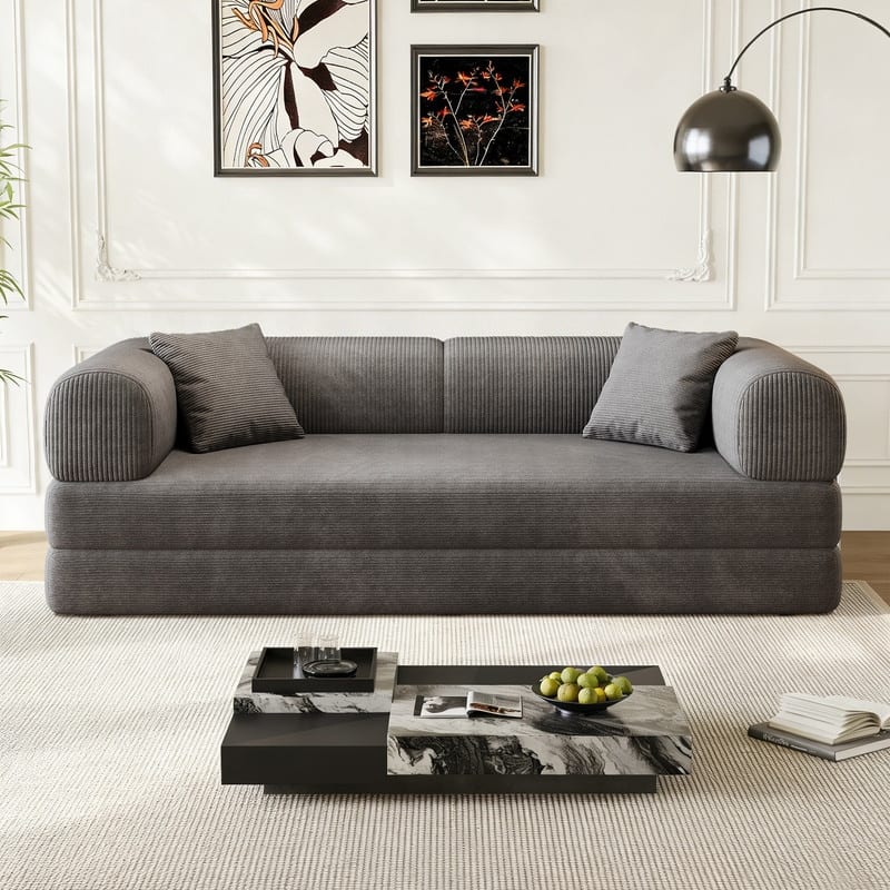 78.8" Convertible Floor Sofa Bed, Corduroy Folding Mattress Sofa Couch for Small Spaces ,No Assembly - Grey