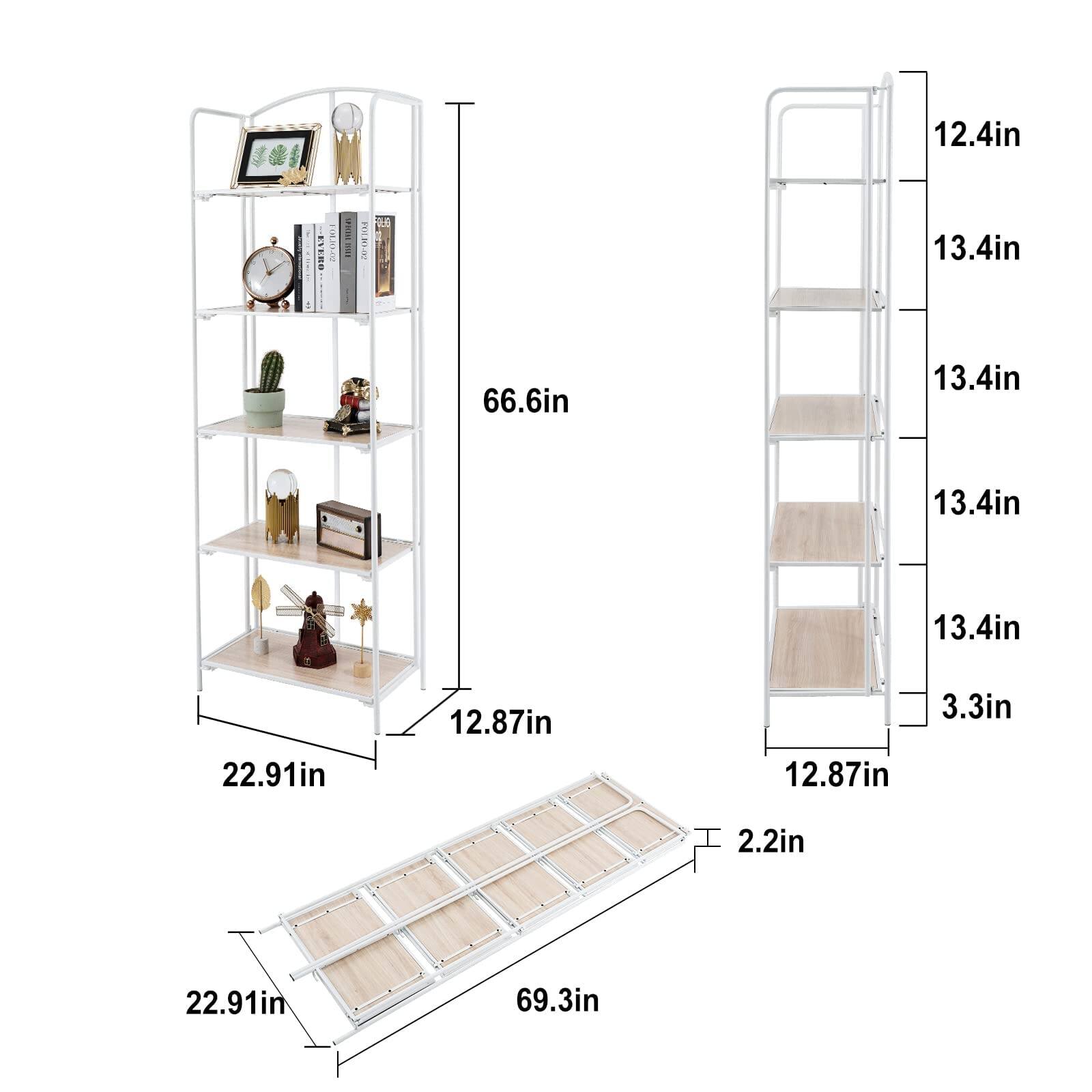 No Assembly Folding Bookshelf, 5 Tier White Bookshelf, Metal Book Shelf