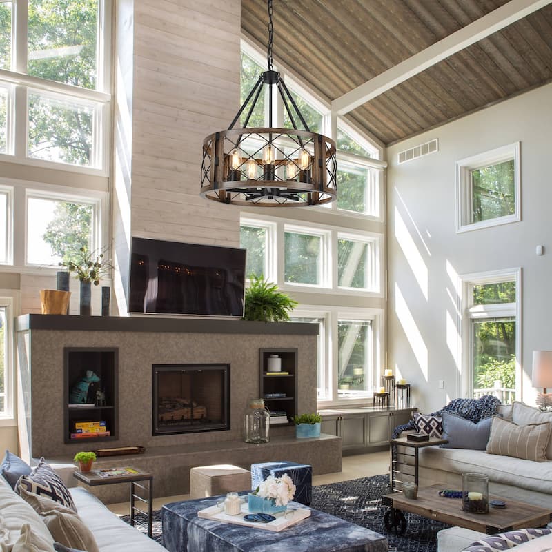 5-Light Rustic Drum Chandelier for Living Room Kitchen with No Bulbs Included