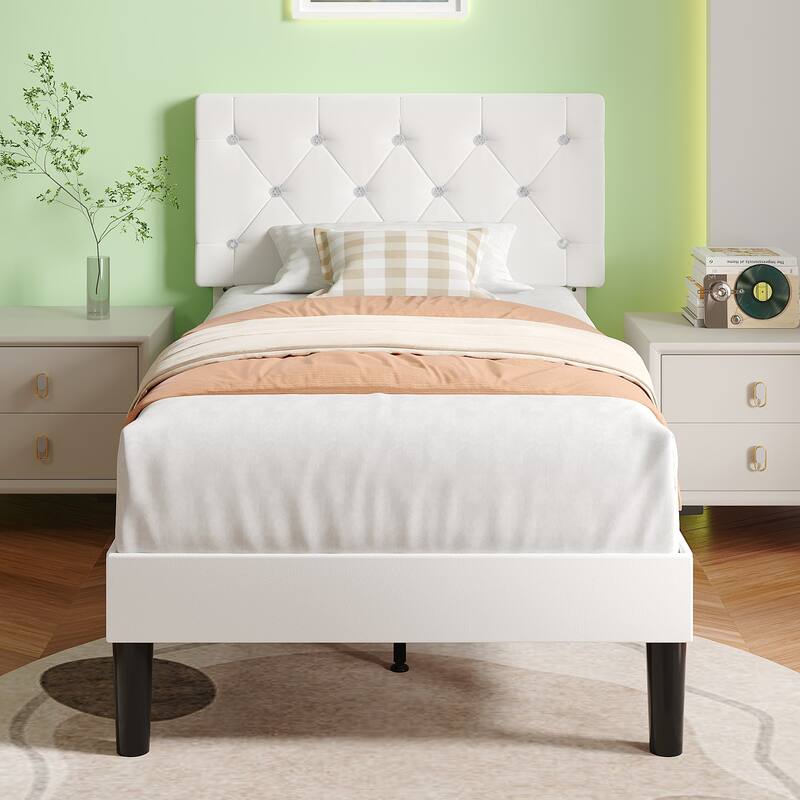 VECELO Upholstered Beds With Diamond Tufted Headboard Platform Bed Frame 7.9'' Under Bed Space - White - Twin