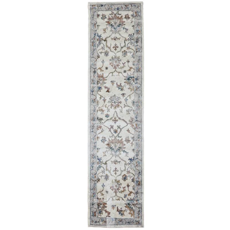 Gaia Traditional Floral Bordered Performance Indoor Area Rug by Sevita - 2'3 x 8'9 - Ivory/Blue