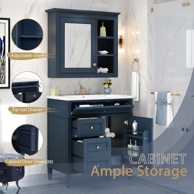 30-Inch Bathroom Vanity with Ceramic Undermount Sink, Mirror Cabinet, 3 Soft-Close Drawers, and Modern Design