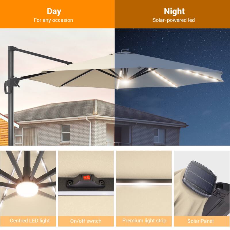 LIVOOSUN 11FT Huge Patio LED offset umbrella Cantilever Umbrella