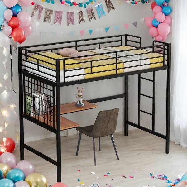 slide 2 of 13, Twin Metal Loft Bed with Desk and Shelve, Black, Modern Style Loft Bed for Kids with Spacious Workstation and Bookshelf Black