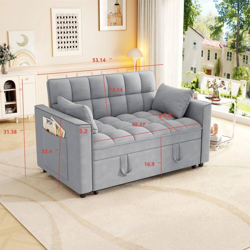 Anmytek Modern Velvet Small Loveseat Pull Out Sleeper Sofa Bed with Pillows and Side Pockets
