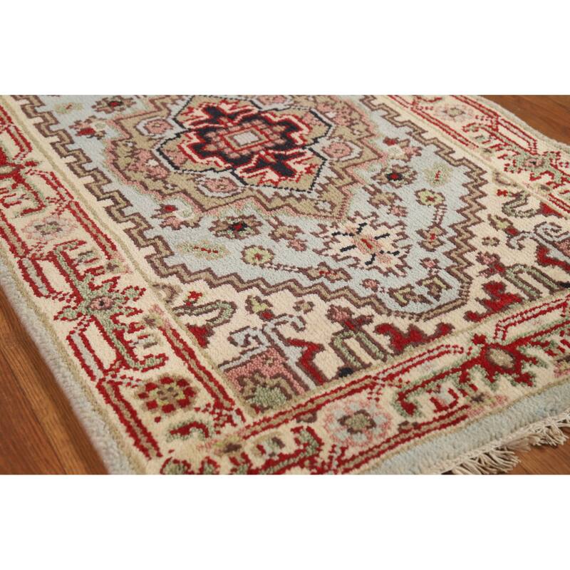 Hand Knotted Oriental 100% Wool Carpet Traditional Geometric Navy Blue & Blues Heriz (serapi) Runner Rug - 8' 1'' X 2' 5''