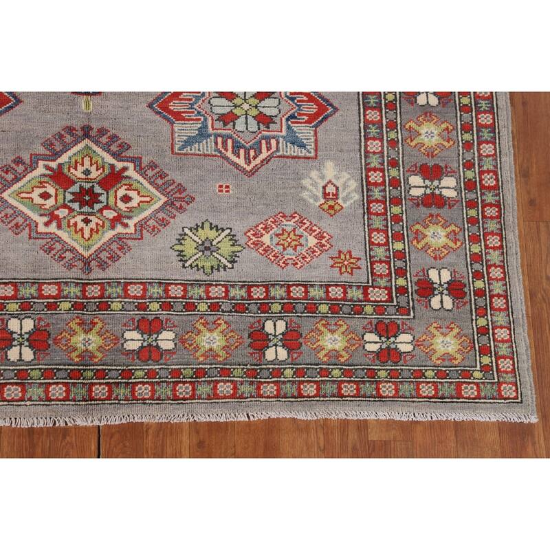 Gray Geometric Kazak Area Rug Living Room Handmade Wool Carpet - 5'7" x 7'3"