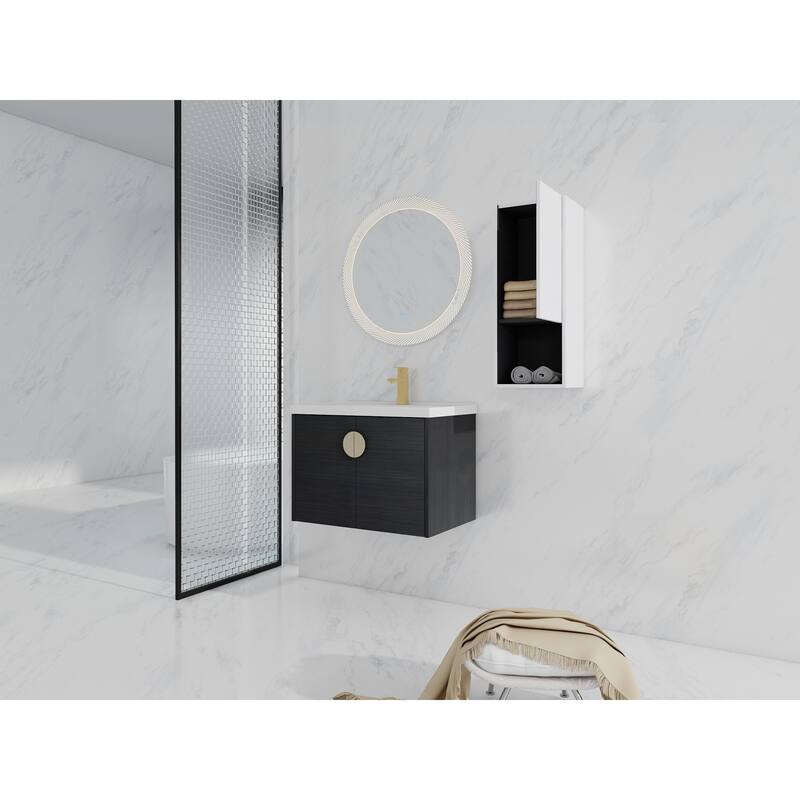 28" Floating Bathroom Vanity with Ceramic Sink, Soft-Close Doors, Wall-Mounted Side Cabinet, Black Chestnut