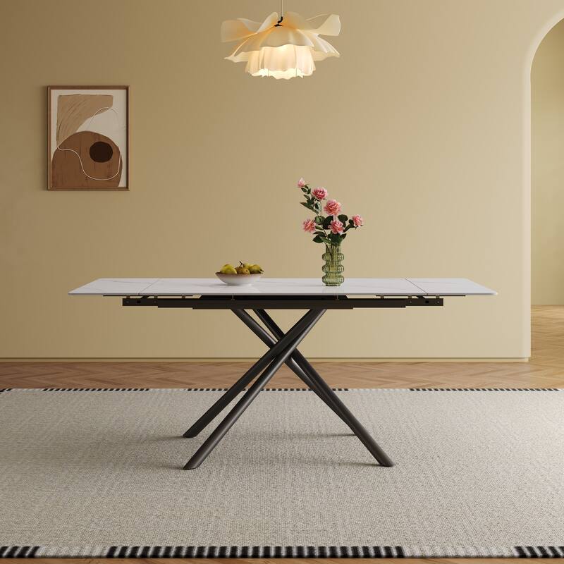 Retractable Sintered Stone Dining Table, Modern Rectangular Design, with Black Carbon Steel Legs at the Bottom - White