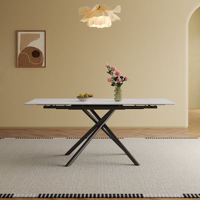 Retractable Sintered Stone Dining Table, Modern Rectangular Design, with Black Carbon Steel Legs at the Bottom