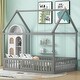 preview thumbnail 2 of 22, Full Size Solid Pine Wood House-Shaped Design Kids Bed Frame with Fence, Door and Distressed Washed Finish for Bedroom, Grey