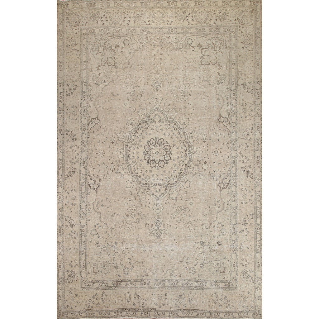 Hand Knotted Oriental 100% Wool Carpet Traditional Floral Beige & Ivories Tabriz Area Rug - 12' 4'' X 9' 10''