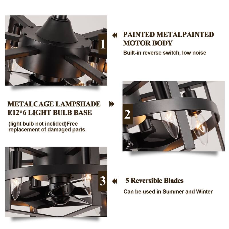 18" Industrial Metal Caged Ceiling Fan with Remote and Light Kit 6-speed Reverisble Chandelier - 17.7 Inch