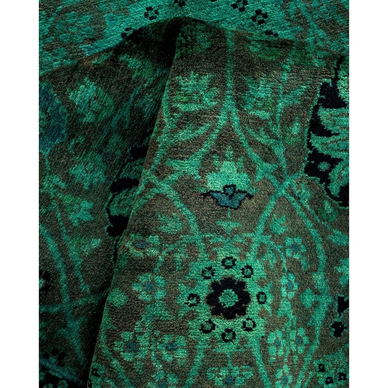 Overton Hand Knotted Wool Vintage Inspired Modern Contemporary Overdyed Green Runner Rug - 3' 3" x 8' 10"