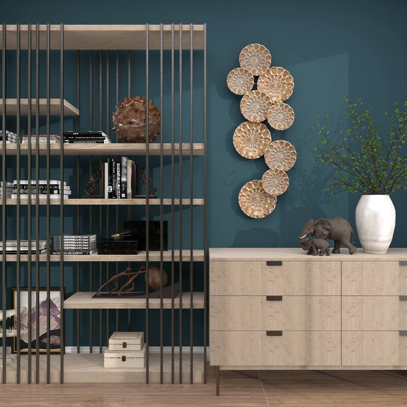 Gold Metal Embossed Floral Plate Home Wall Decor with Teal Accents