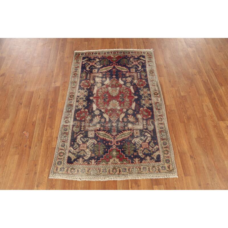 Hand Knotted Oriental 100% Wool Carpet Traditional Medallion Navy Blue & Blues Tabriz Area Rug - 4' 9'' X 3' 0''