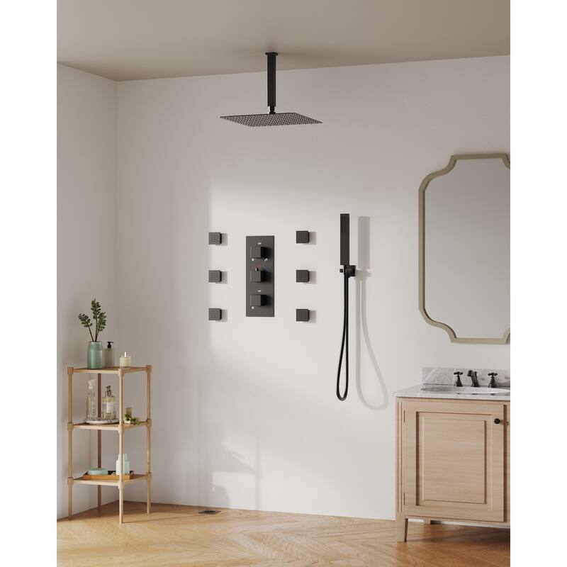 Thermostatic Shower System 12" Rain Shower Head with High Pressure Handheld Spray