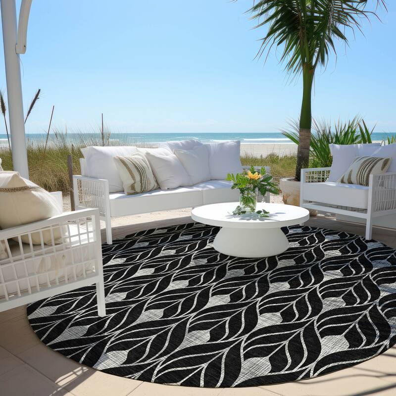 Machine Washable Indoor/ Outdoor Chantille Geo Teardrop Rug - Black - 8' x 8'