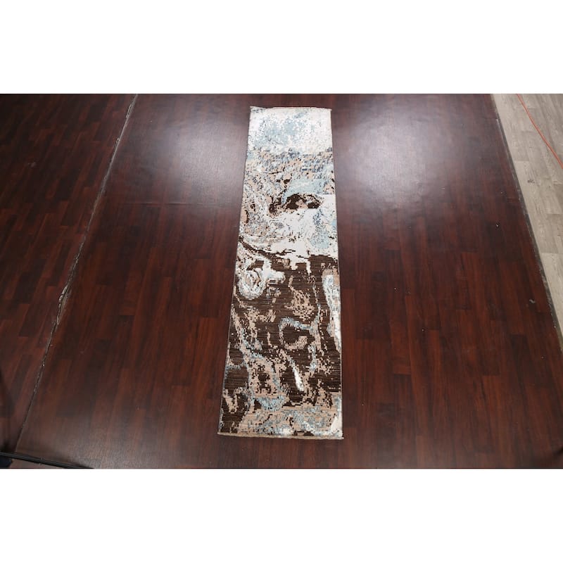 Wool/ Silk Vegetable Dye Modern Oriental Abstract Runner Rug Handmade - 2'7" x 9'11"