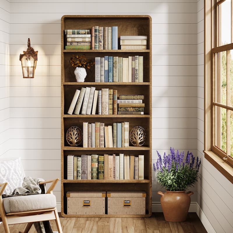 71-Inch Tall Bookcase 6-Tier Wooden Industrial Bookshelf with Storage