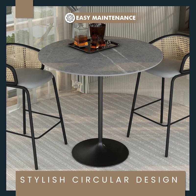 LeisureMod Verve 48" Round Dining Table with Sintered Stone TableTop and Black Steel Base for Kitchen & Dining Room
