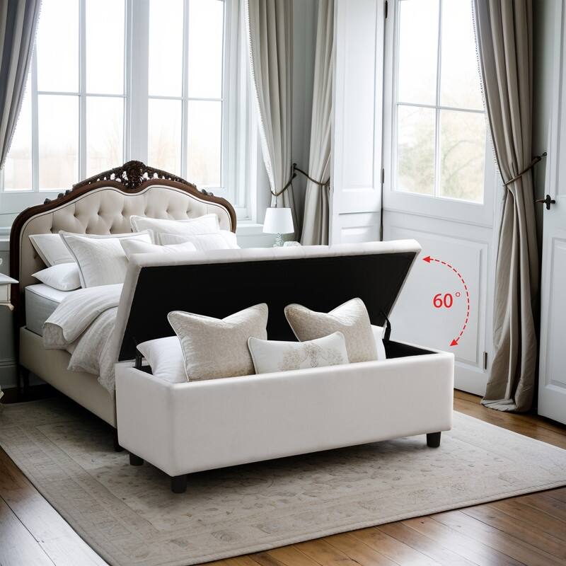 Elegant Gray White Storage Bench with Solid Wood Frame