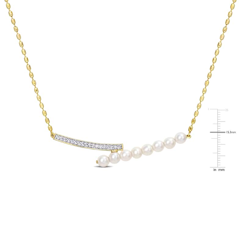 Miadora White Topaz and 4-4.5mm White Freshwater Cultured Pearl Necklace with Chain Yellow Silver