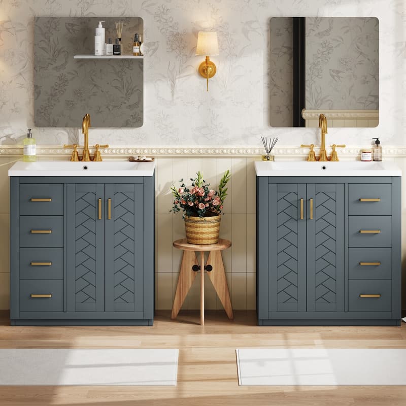 Roomfitters 60" Bathroom Vanity with Ceramic Sink, Solid Wood Freestanding Cabinet with Drawers & Soft-Close Doors