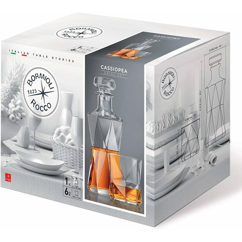 Bormioli Rocco Cassiopea 7Pc Whiskey Set 1 Decanter 6 Rocks Glasses - 33.75 oz. Decanter; 11.25 oz. Glasses