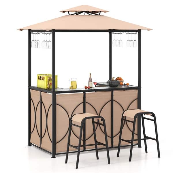 slide 2 of 20, Costway 3 PCS Patio Bar Set with Tempered Glass Bar Table Metal - See Details Brown
