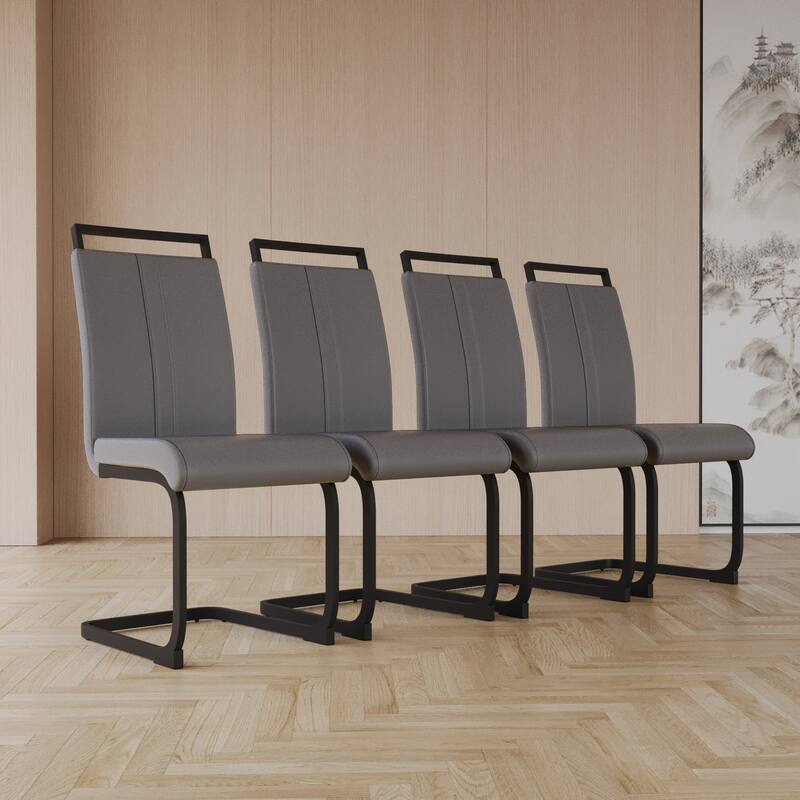 Modern Style Faux Leather High Back Dining Chairs Set of 4 with Black Metal Legs for Dining Room - Grey