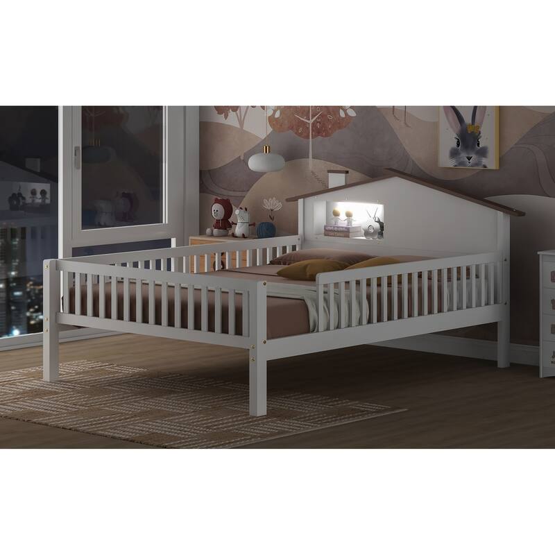 Full Size Wood Platform Bed with House-shaped Headboard, LED and Built-in Storage