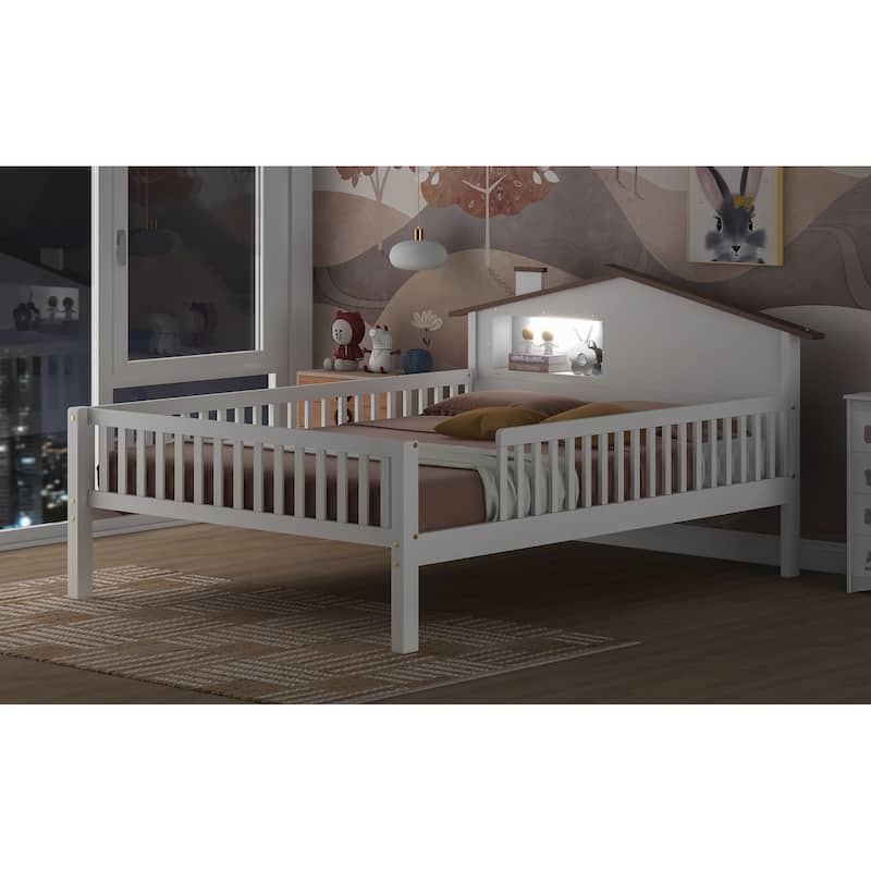 Wood Platform Bed with House-shaped Headboard, LED and Built-in Storage