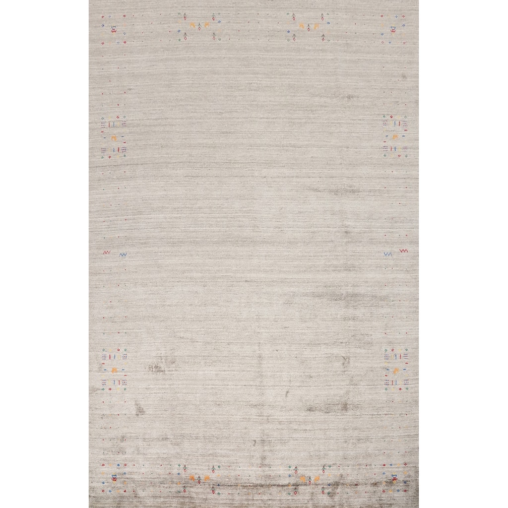 Hand Knotted Oriental Viscose Silk Carpet Tribal Animal Pictorial Greys & Charcoal Gabbeh Area Rug - 11' 11'' X 9' 1''
