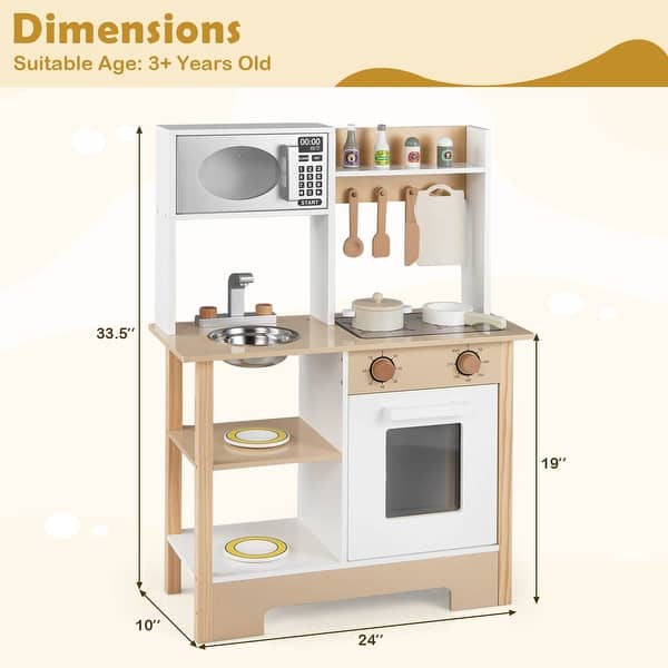 dimension image slide 0 of 2, Costway Play Kitchen with Chalkboard Microwave Stove Dish Rack Faucet - See Details