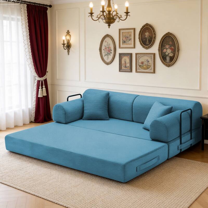 Convertible Sleeper Sofa Bed with Cylindrical Pillow, Corduroy Folding Mattress Couch with Fixed-Shape Frame for Bedroom