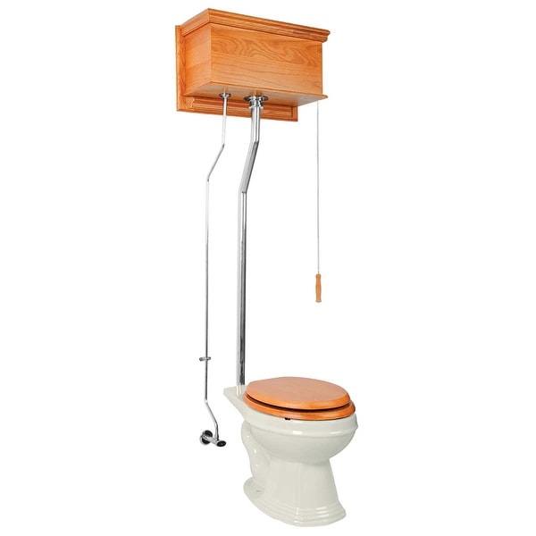 High Tank Toilet Light Oak Elongated Biscuit Chrome
